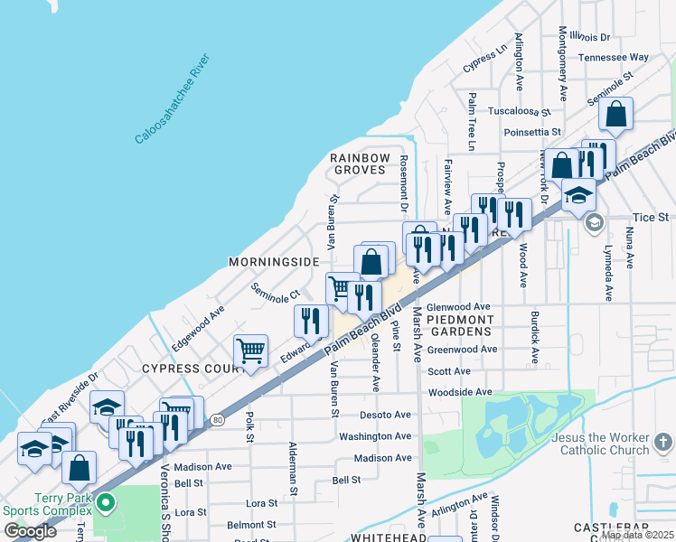 map of restaurants, bars, coffee shops, grocery stores, and more near 475 Van Buren Street in Fort Myers