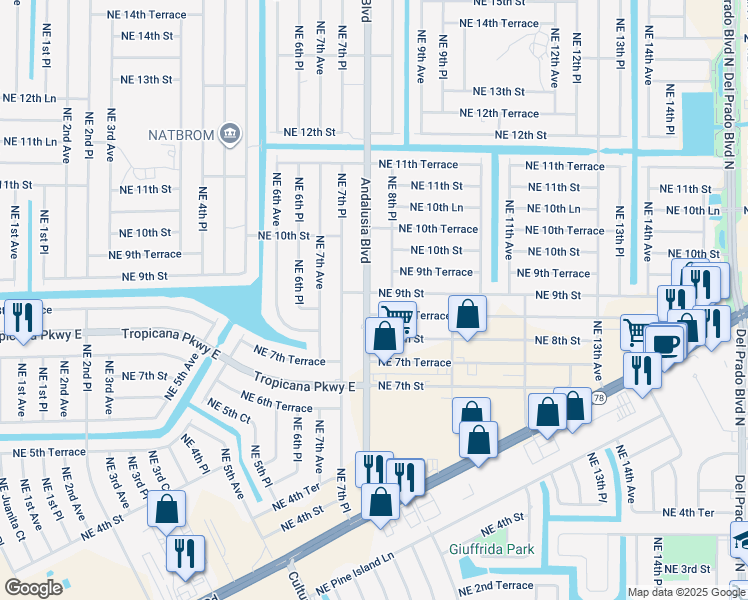 map of restaurants, bars, coffee shops, grocery stores, and more near 802 Northeast 9th Street in Cape Coral