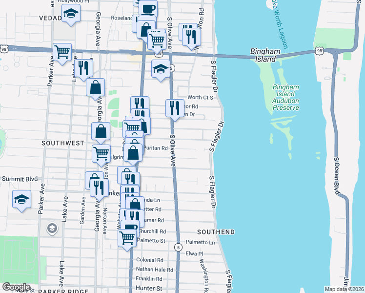 map of restaurants, bars, coffee shops, grocery stores, and more near 261 Puritan Road in West Palm Beach