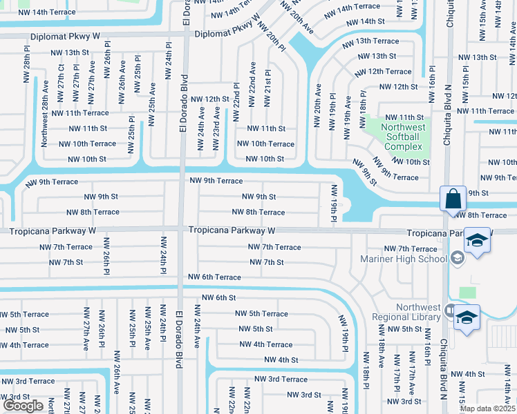 map of restaurants, bars, coffee shops, grocery stores, and more near 2201 Northwest 8th Terrace in Cape Coral