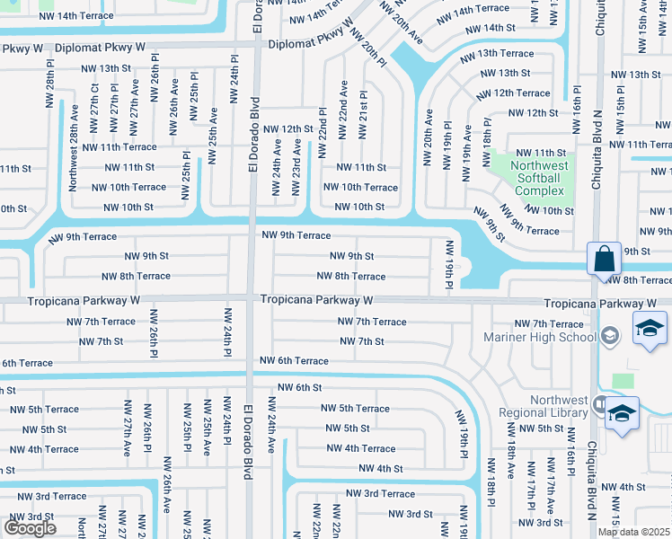 map of restaurants, bars, coffee shops, grocery stores, and more near 2213 Northwest 8th Terrace in Cape Coral
