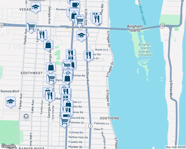 map of restaurants, bars, coffee shops, grocery stores, and more near 261 Puritan Road in West Palm Beach