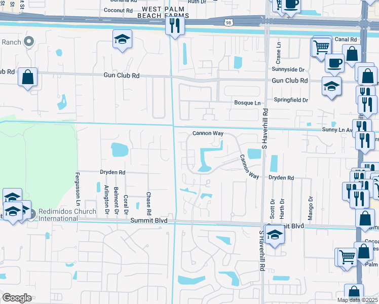 map of restaurants, bars, coffee shops, grocery stores, and more near 5288 Cannon Way in West Palm Beach