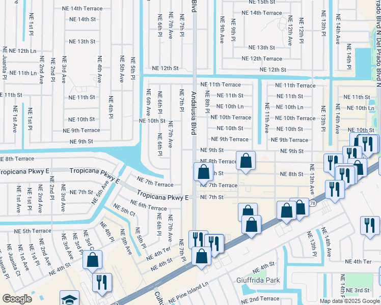 map of restaurants, bars, coffee shops, grocery stores, and more near 802 Northeast 9th Street in Cape Coral