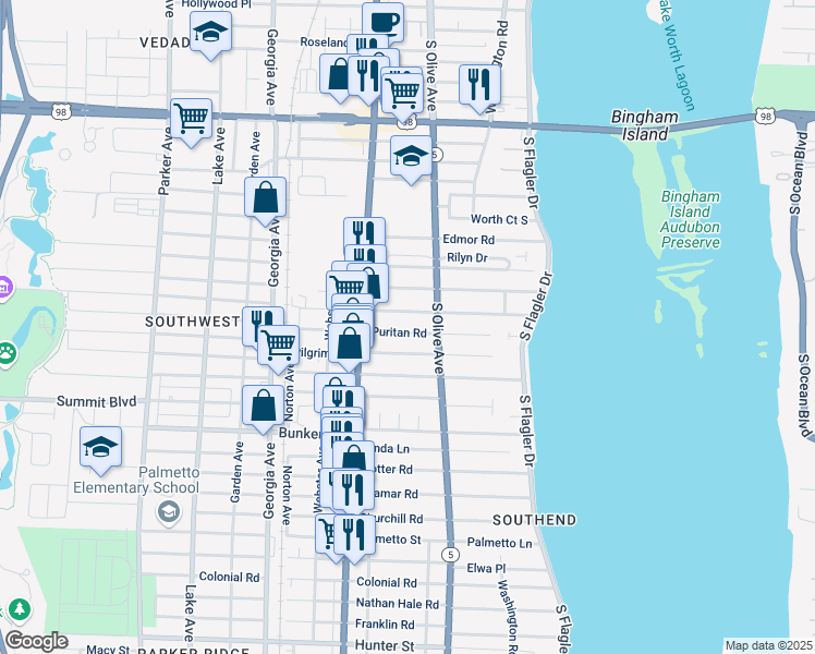 map of restaurants, bars, coffee shops, grocery stores, and more near 329 Puritan Road in West Palm Beach
