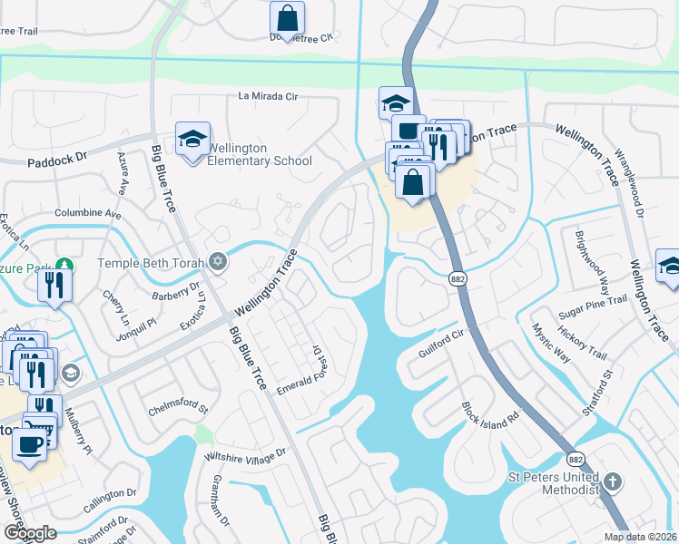 map of restaurants, bars, coffee shops, grocery stores, and more near 885 Lake Wellington Drive in Wellington