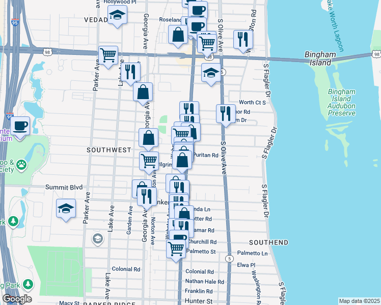 map of restaurants, bars, coffee shops, grocery stores, and more near 4916 South Dixie Highway in West Palm Beach