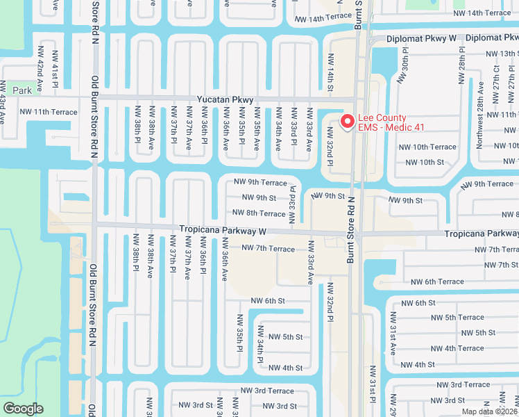 map of restaurants, bars, coffee shops, grocery stores, and more near 3419 Northwest 8th Terrace in Cape Coral