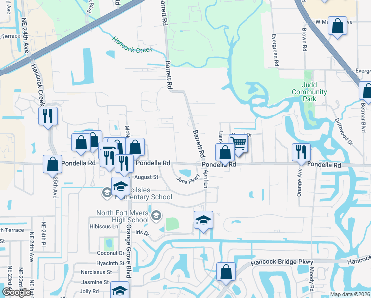 map of restaurants, bars, coffee shops, grocery stores, and more near 800 Pondella Road in North Fort Myers