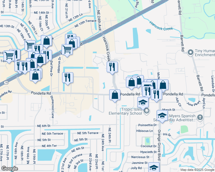 map of restaurants, bars, coffee shops, grocery stores, and more near 950 Hancock Creek South Boulevard in Cape Coral