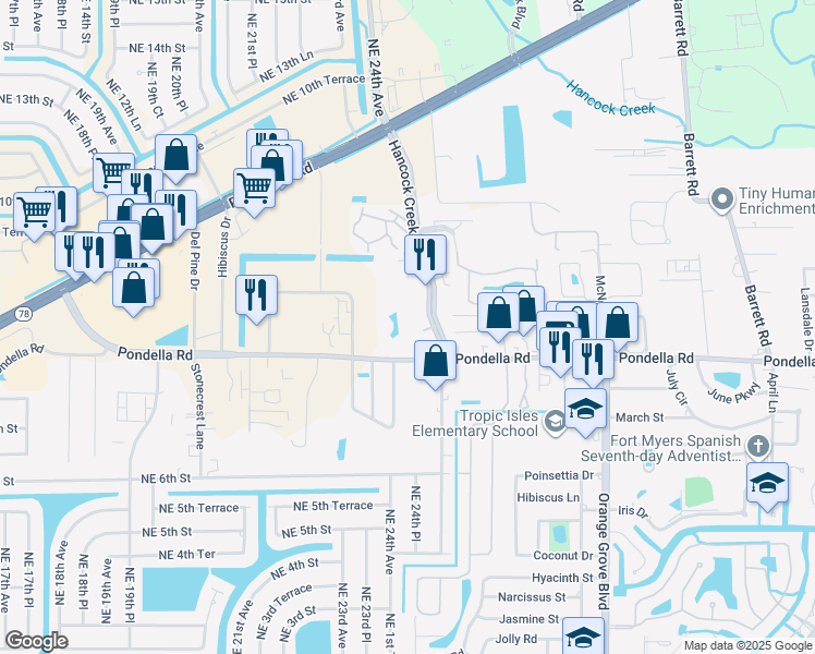 map of restaurants, bars, coffee shops, grocery stores, and more near 950 Hancock Creek South Boulevard in Cape Coral