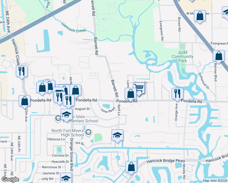 map of restaurants, bars, coffee shops, grocery stores, and more near 1201 Barrett Road in North Fort Myers