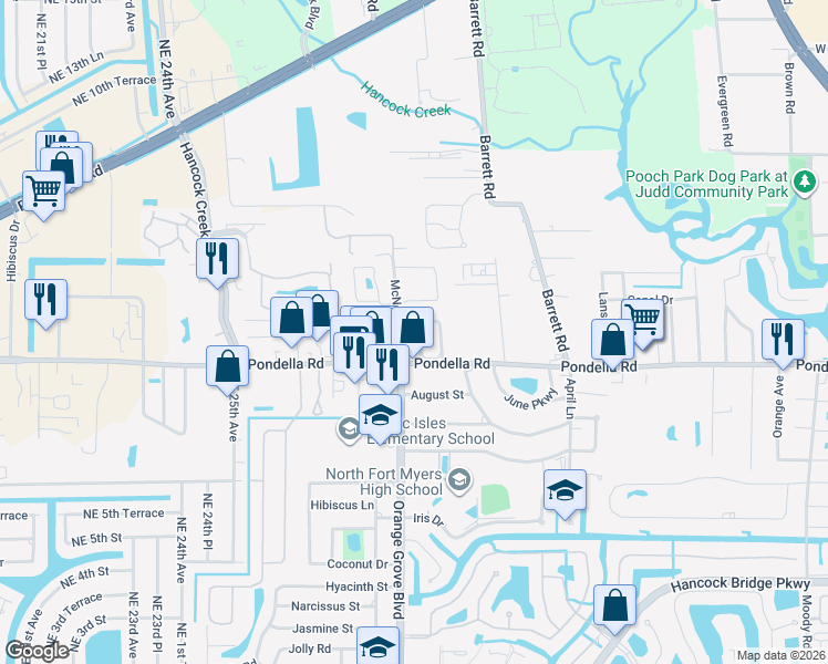 map of restaurants, bars, coffee shops, grocery stores, and more near 1232 Pondella Circle in North Fort Myers