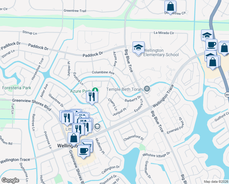 map of restaurants, bars, coffee shops, grocery stores, and more near 13656 Jonquil Place in Wellington