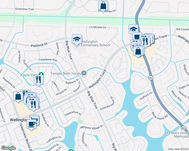 map of restaurants, bars, coffee shops, grocery stores, and more near 13115 Belhaven Court in Wellington