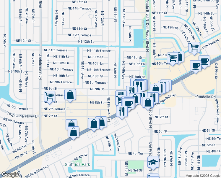 map of restaurants, bars, coffee shops, grocery stores, and more near 1310 Northeast 9th Street in Cape Coral