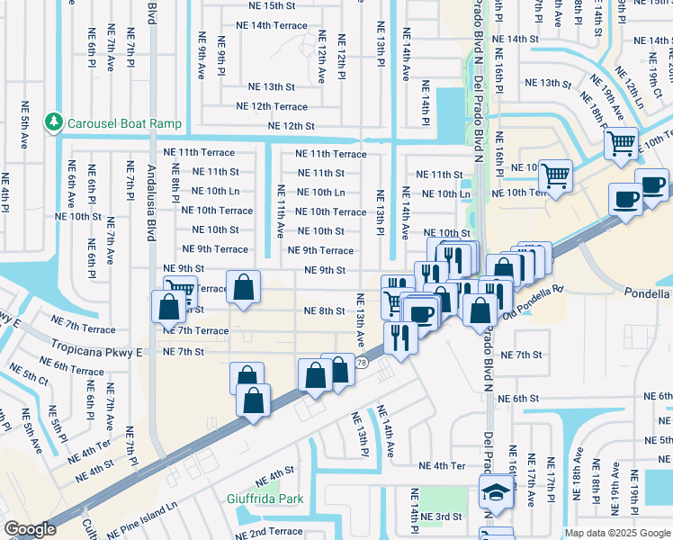 map of restaurants, bars, coffee shops, grocery stores, and more near 1216 Northeast 9th Street in Cape Coral