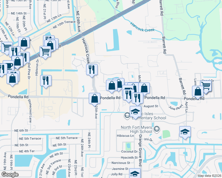 map of restaurants, bars, coffee shops, grocery stores, and more near 14081 Henkler Street in North Fort Myers