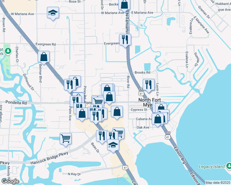 map of restaurants, bars, coffee shops, grocery stores, and more near 33 Ligonier Drive in North Fort Myers