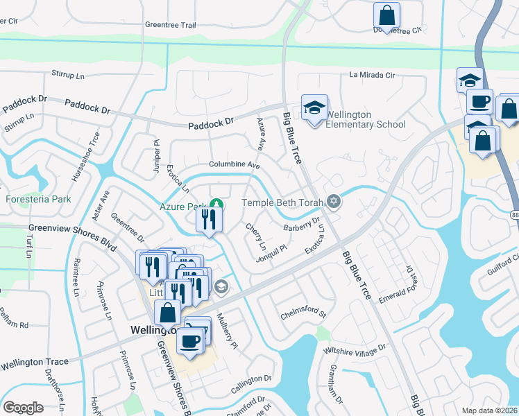 map of restaurants, bars, coffee shops, grocery stores, and more near 13656 Jonquil Place in Wellington