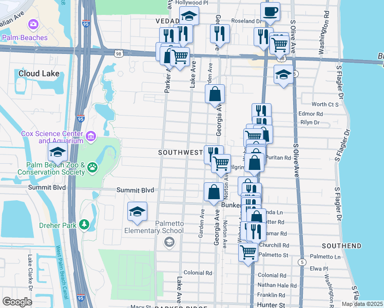 map of restaurants, bars, coffee shops, grocery stores, and more near 730 Green Street in West Palm Beach