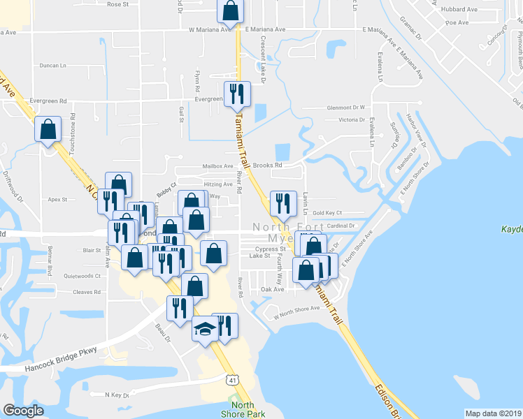 map of restaurants, bars, coffee shops, grocery stores, and more near 1281 North Tamiami Trail in North Fort Myers