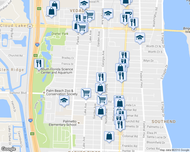 map of restaurants, bars, coffee shops, grocery stores, and more near 5000 Garden Avenue in West Palm Beach