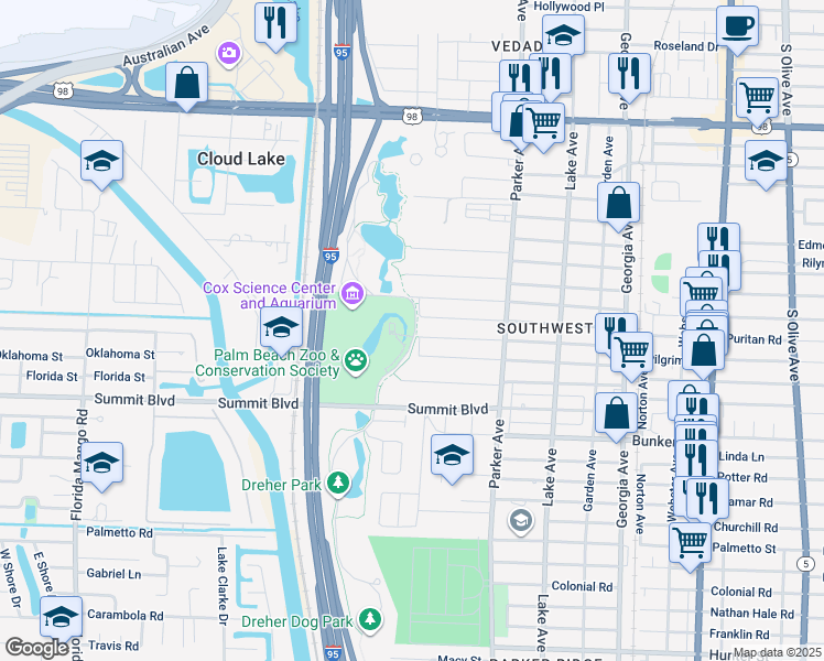 map of restaurants, bars, coffee shops, grocery stores, and more near 4440 Dreher Trail North in West Palm Beach