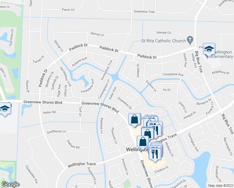 map of restaurants, bars, coffee shops, grocery stores, and more near 14180 Greentree Drive in Wellington