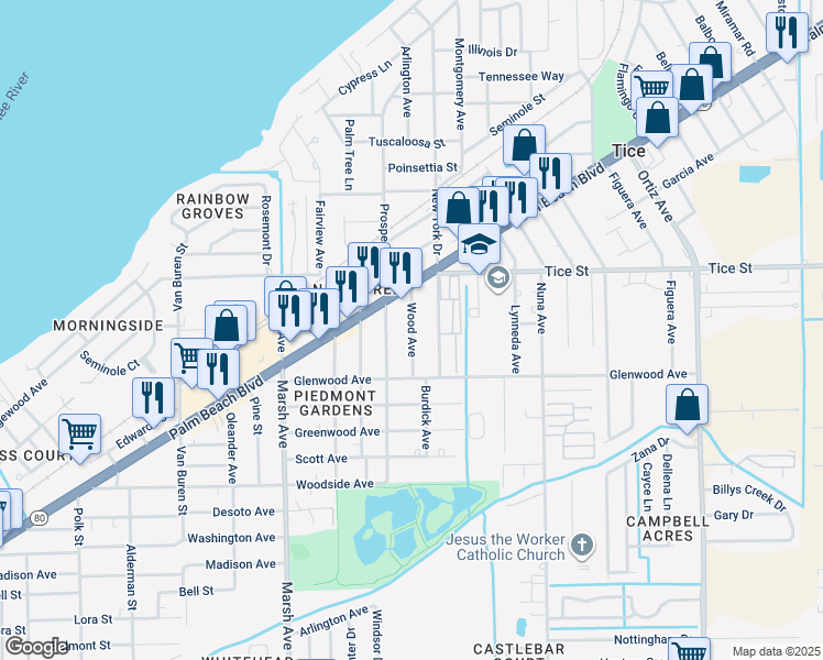 map of restaurants, bars, coffee shops, grocery stores, and more near 532 Wood Avenue in Tice