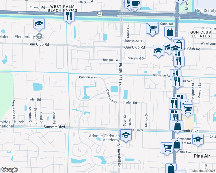 map of restaurants, bars, coffee shops, grocery stores, and more near 5133 Cannon Way in West Palm Beach