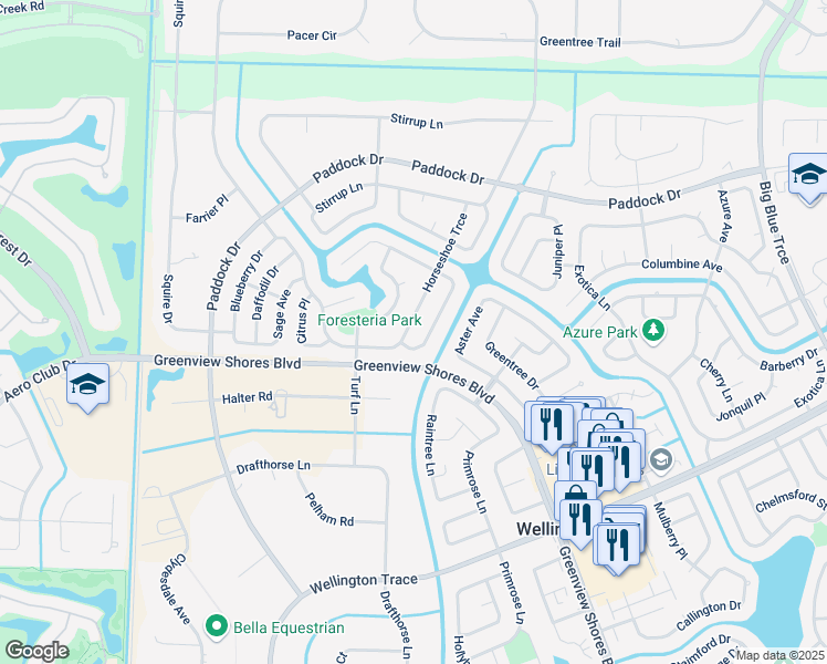 map of restaurants, bars, coffee shops, grocery stores, and more near 14372 Horseshoe Trce in Wellington