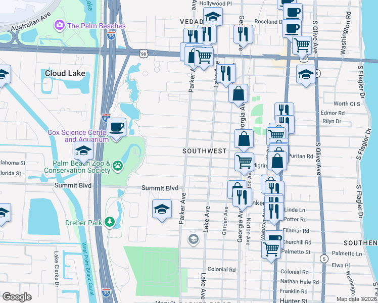 map of restaurants, bars, coffee shops, grocery stores, and more near 825 McIntosh Street in West Palm Beach