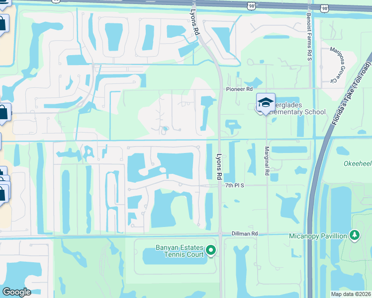 map of restaurants, bars, coffee shops, grocery stores, and more near 629 Edgebrook Lane in Royal Palm Beach