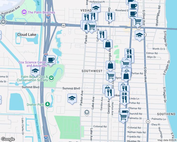 map of restaurants, bars, coffee shops, grocery stores, and more near 825 McIntosh Street in West Palm Beach