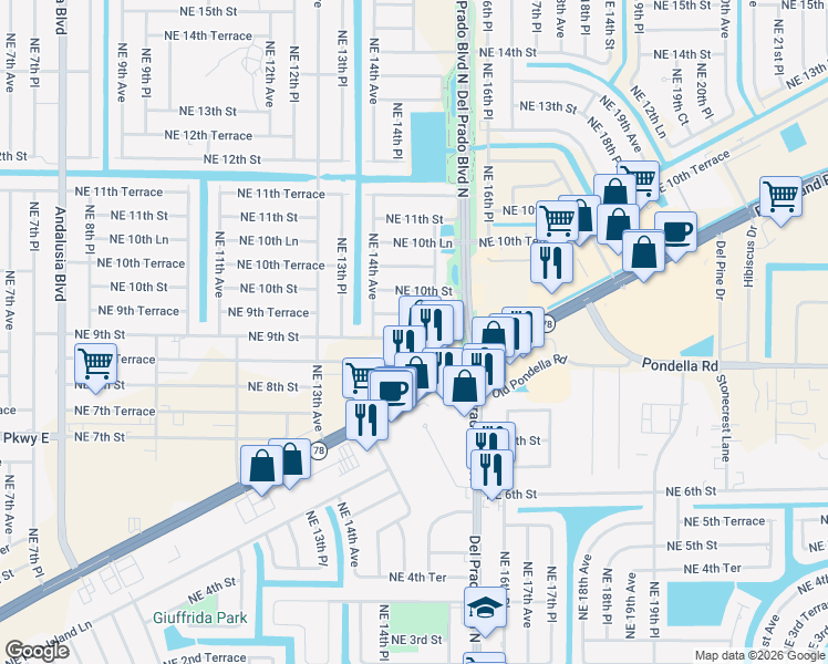 map of restaurants, bars, coffee shops, grocery stores, and more near 1423 Northeast 9th Street in Cape Coral