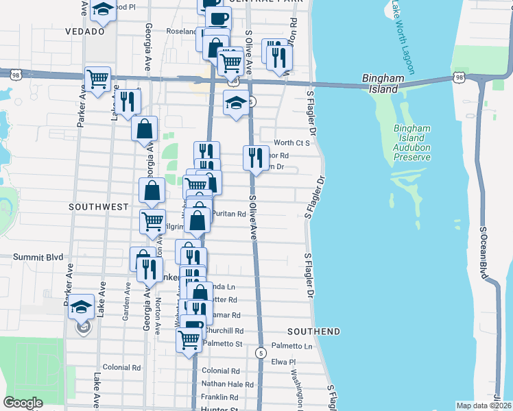 map of restaurants, bars, coffee shops, grocery stores, and more near 261 Puritan Road in West Palm Beach