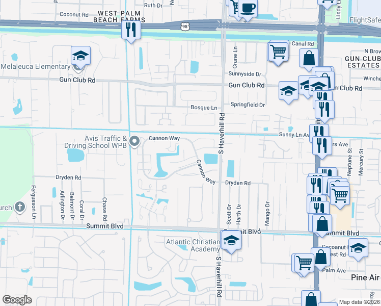 map of restaurants, bars, coffee shops, grocery stores, and more near 5133 Cannon Way in West Palm Beach