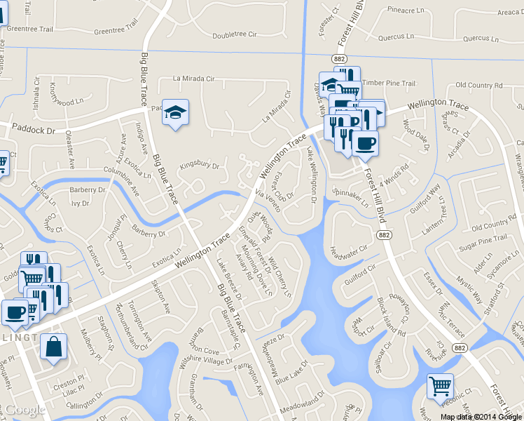 map of restaurants, bars, coffee shops, grocery stores, and more near 13146 Quiet Woods Road in Wellington