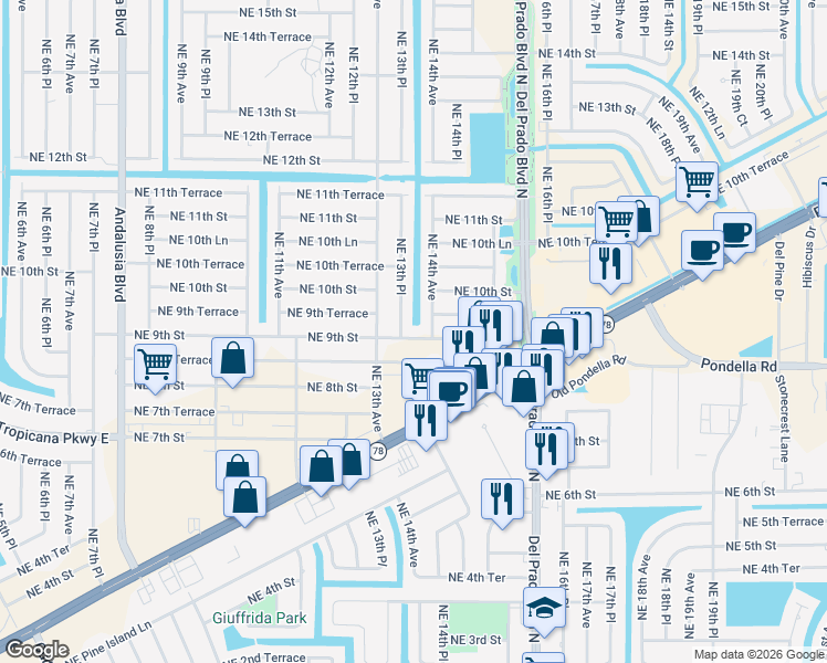 map of restaurants, bars, coffee shops, grocery stores, and more near 1310 Northeast 9th Street in Cape Coral