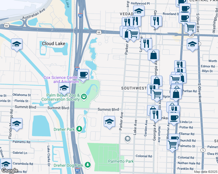 map of restaurants, bars, coffee shops, grocery stores, and more near 953 McIntosh Street in West Palm Beach