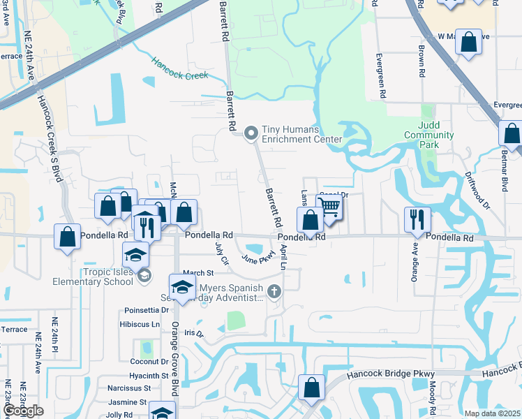 map of restaurants, bars, coffee shops, grocery stores, and more near 800 Pondella Road in North Fort Myers