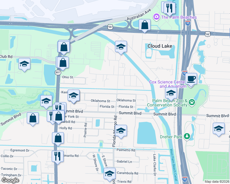 map of restaurants, bars, coffee shops, grocery stores, and more near 2568 Kentucky Street in West Palm Beach