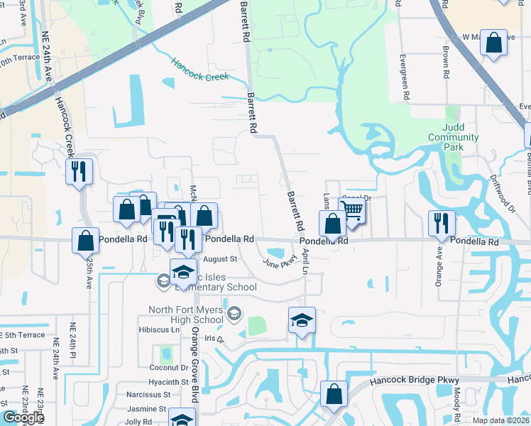 map of restaurants, bars, coffee shops, grocery stores, and more near 1210 Hall Road in North Fort Myers