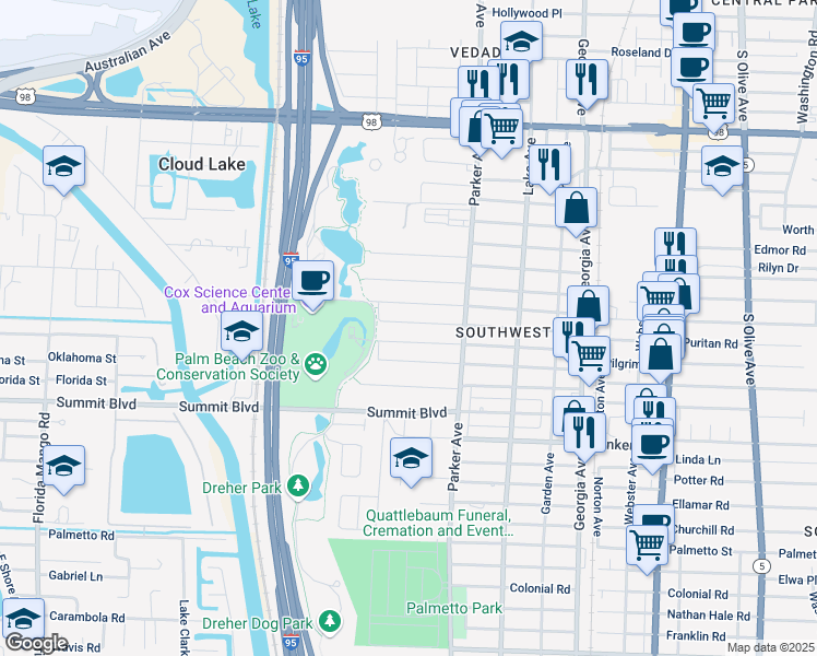 map of restaurants, bars, coffee shops, grocery stores, and more near 953 McIntosh Street in West Palm Beach