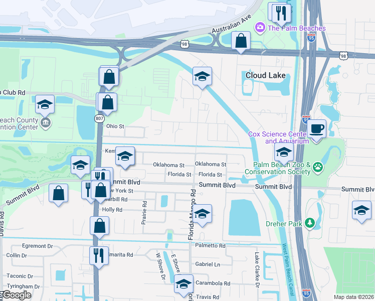 map of restaurants, bars, coffee shops, grocery stores, and more near 2568 Kentucky Street in West Palm Beach