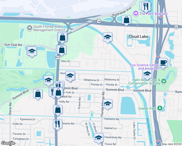 map of restaurants, bars, coffee shops, grocery stores, and more near 2644 Kentucky Street in West Palm Beach