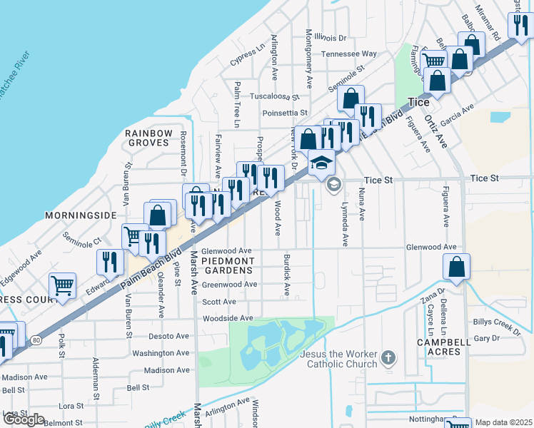 map of restaurants, bars, coffee shops, grocery stores, and more near 532 Wood Avenue in Tice