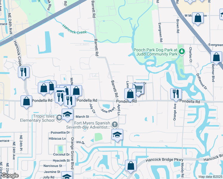 map of restaurants, bars, coffee shops, grocery stores, and more near 800 Pondella Road in North Fort Myers
