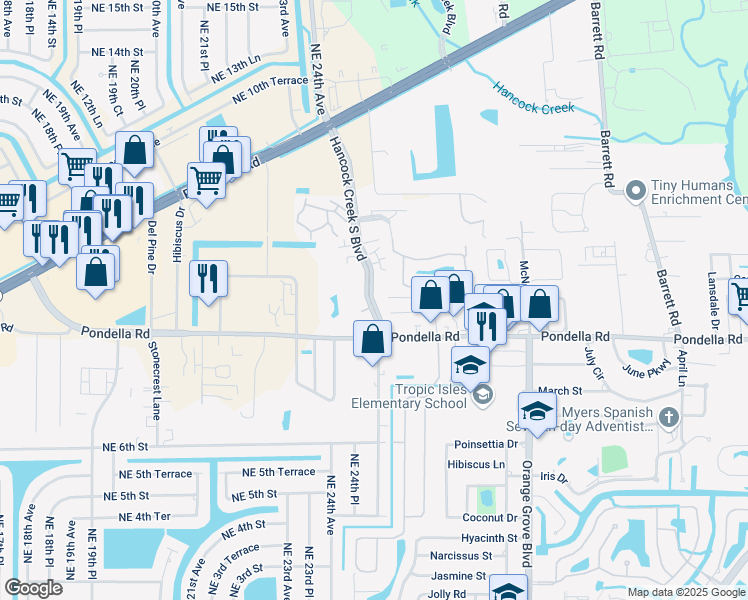 map of restaurants, bars, coffee shops, grocery stores, and more near 950 Hancock Creek South Boulevard in Cape Coral